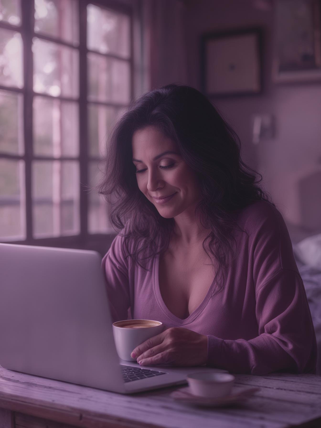 Mujer tranquila con caf&eacute; sabiendo que tiene todo bajo control