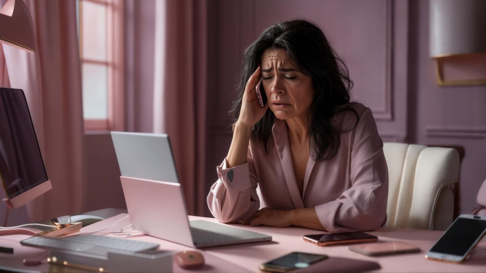 Mujer estresada en oficina preocupada por sus padres