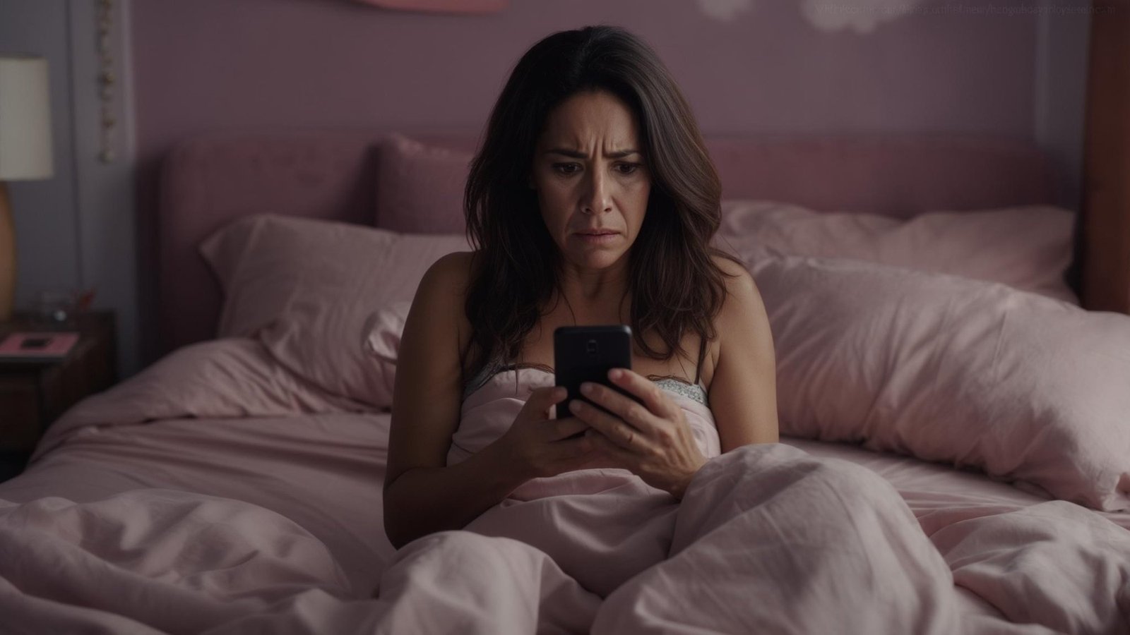 Mujer preocupada mirando el tel&eacute;fono de noche